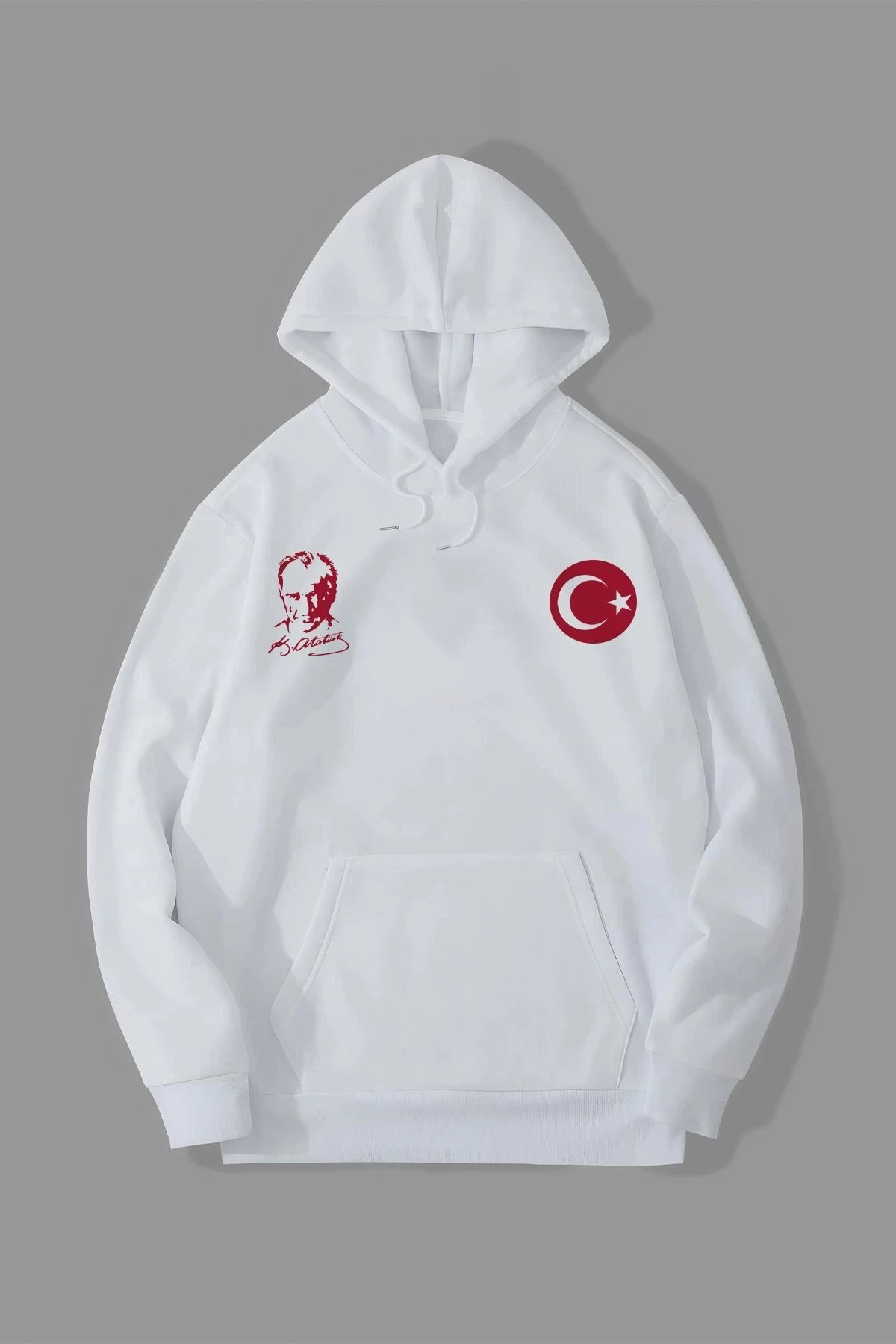 10 Kasıma Özel Üç İplik Kapüşonlu Baskılı SweatShirt - Beyaz