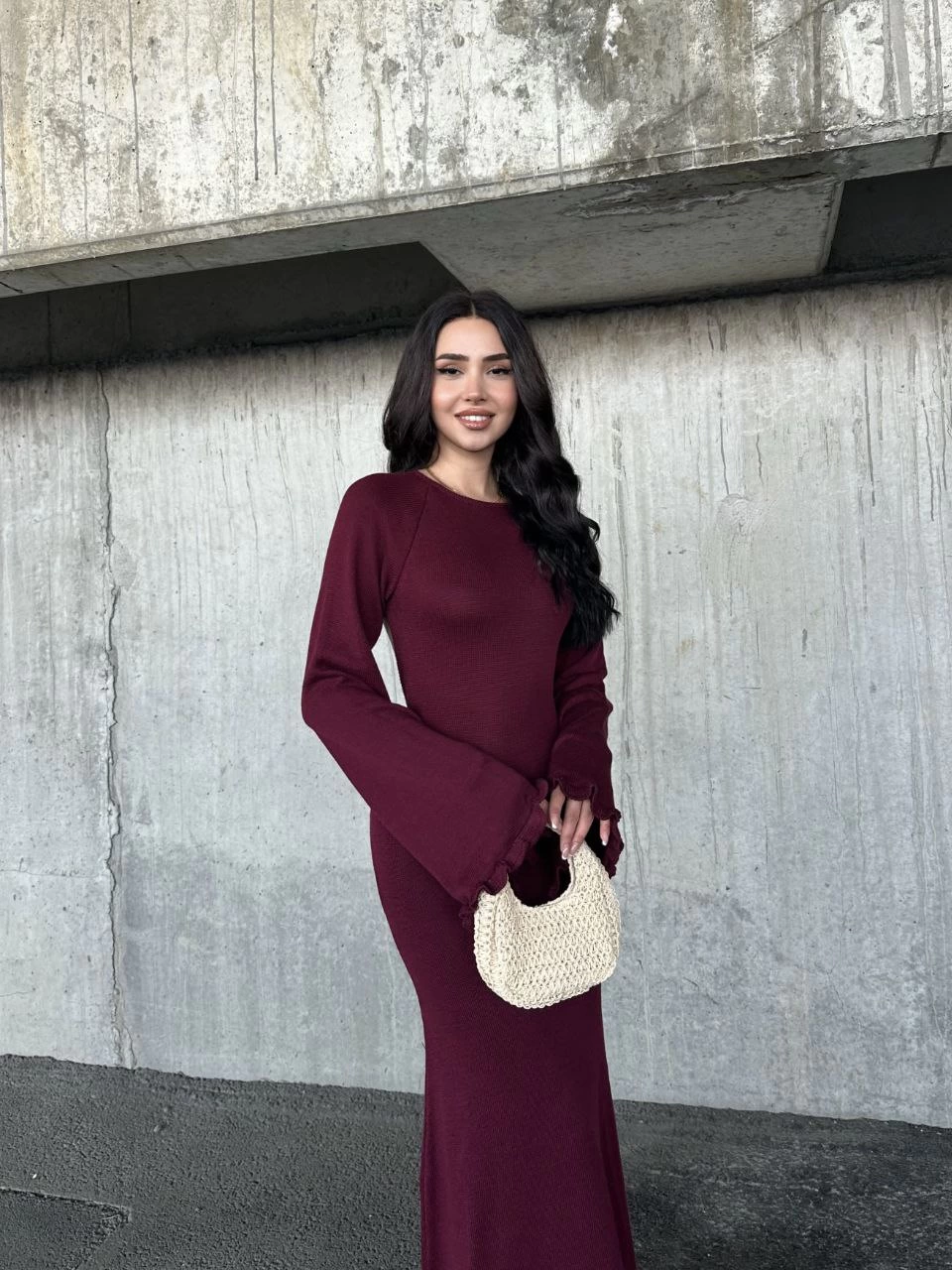 Acık Sırt Detaylı Maxi Uzun Boy Elbise- Bordo