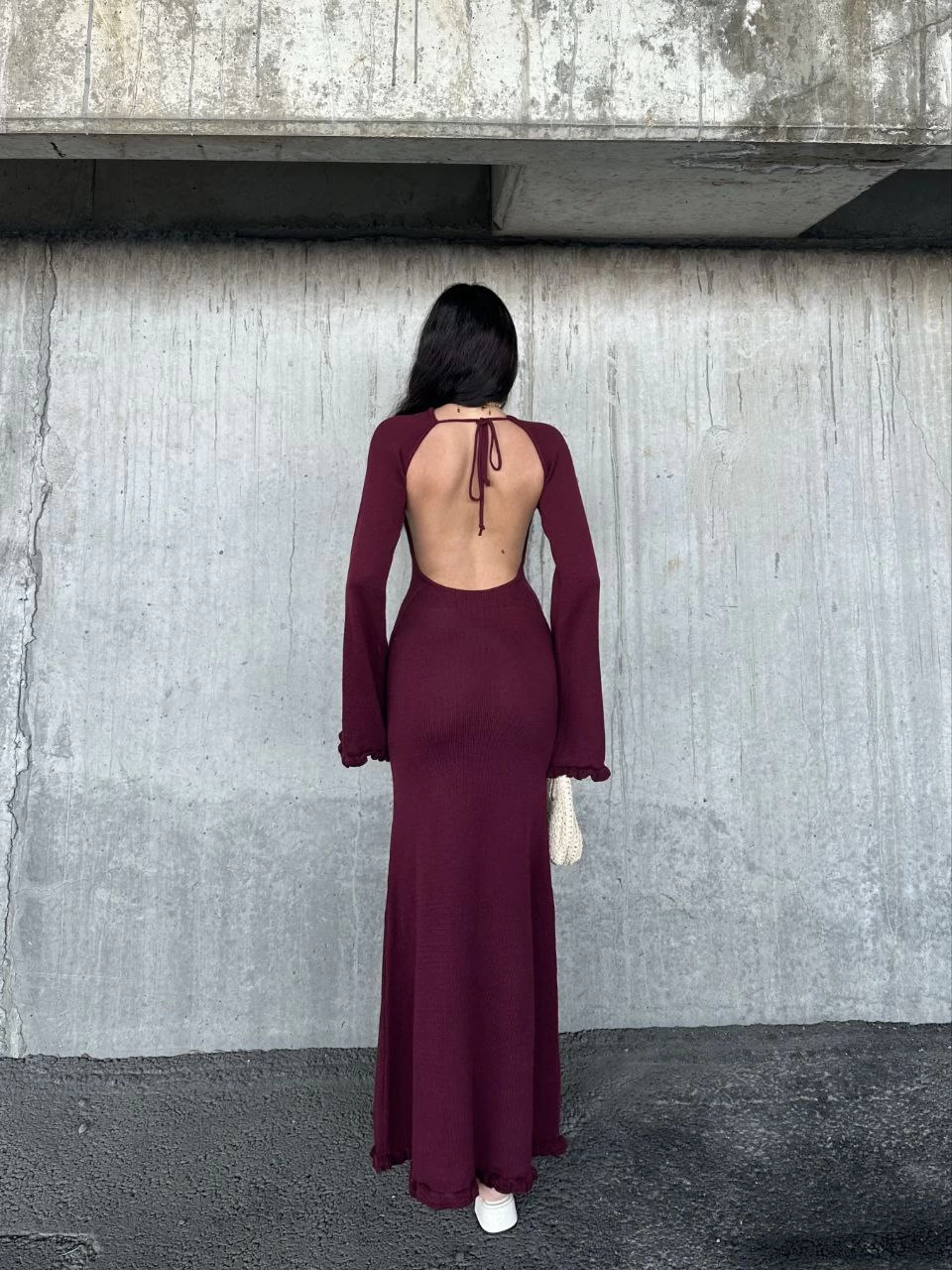 Acık Sırt Detaylı Maxi Uzun Boy Elbise- Bordo