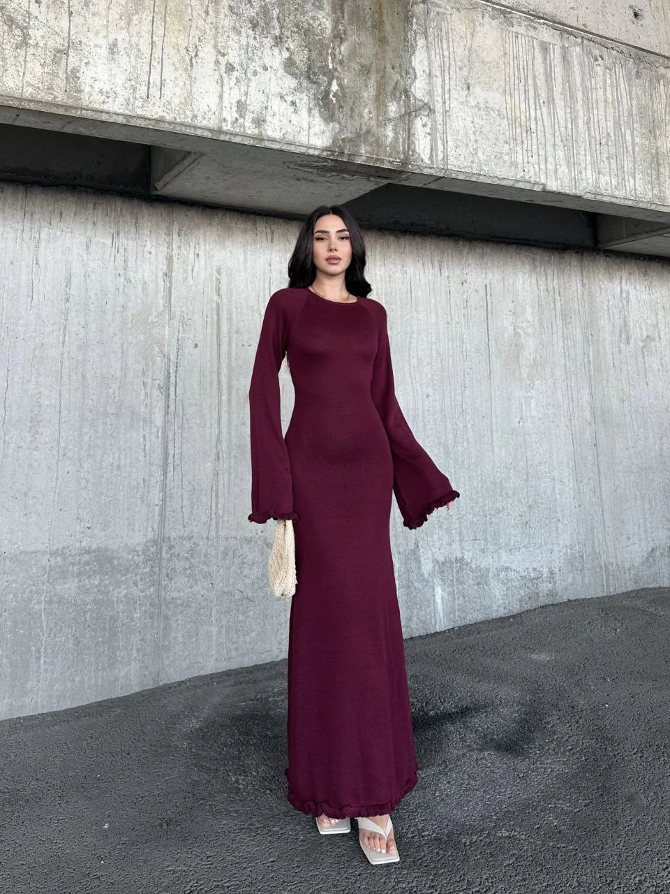 Acık Sırt Detaylı Maxi Uzun Boy Elbise- Bordo