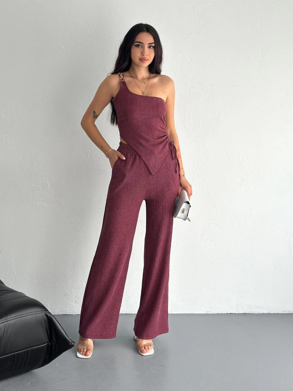 Asimetrik Crop Pantalon ikili Takım - Gül Kurusu