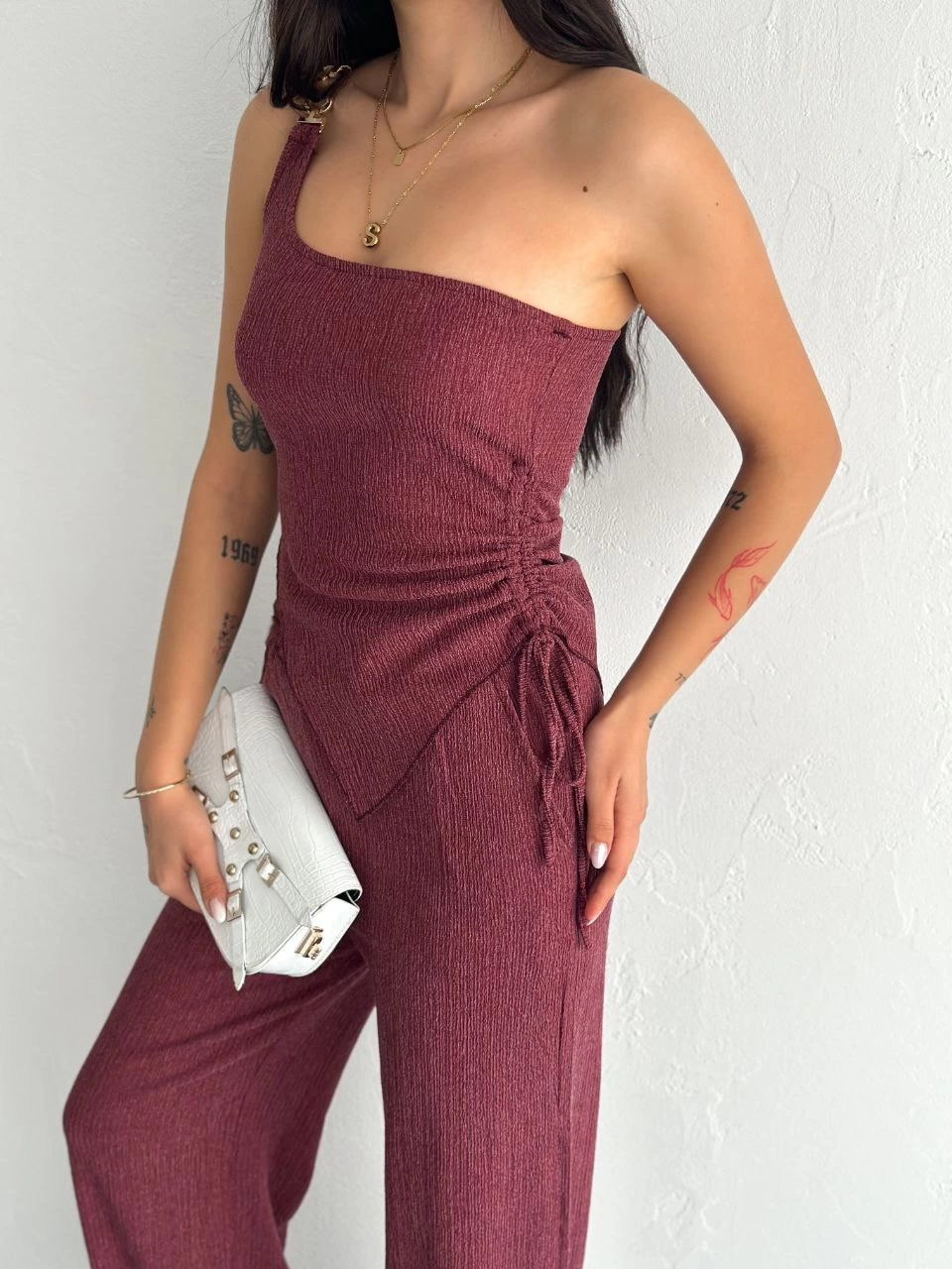 Asimetrik Crop Pantalon ikili Takım - Gül Kurusu