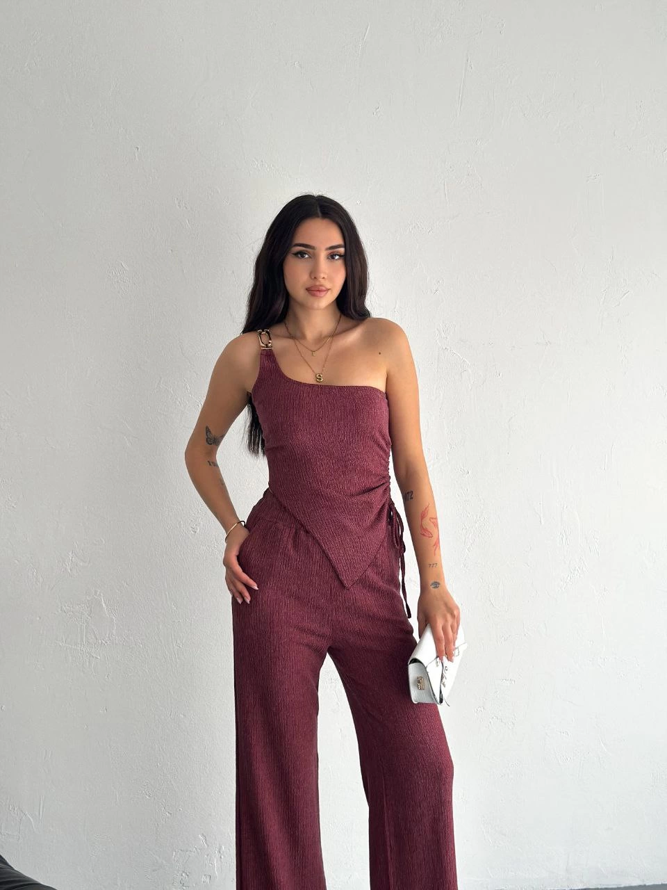 Asimetrik Crop Pantalon ikili Takım - Gül Kurusu