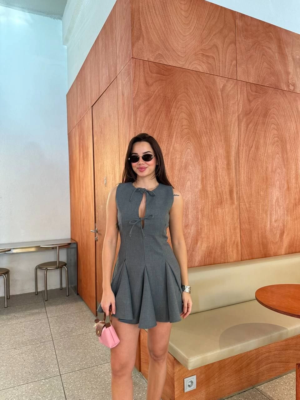 Bağcık detaylı Kolsuz Mini Elbise - Antrasit