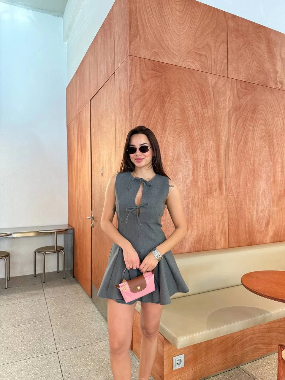 Bağcık detaylı Kolsuz Mini Elbise - Antrasit