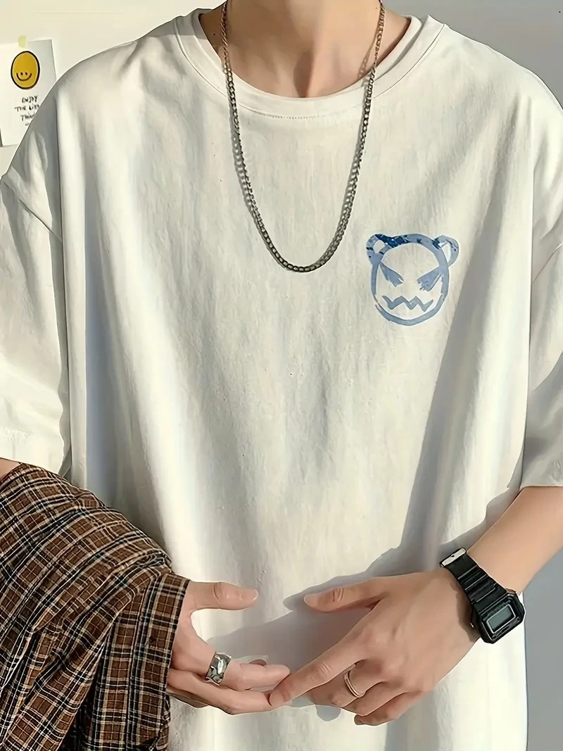 20/1 Penye Compack Bisiklet Yaka Kore tarzı sevimli ayı baskı Kısa Kol Erkek t-shirt - Beyaz