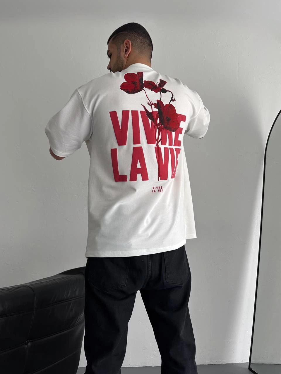 Baskılı Oversize Bisiklet Yaka T-shirt - Beyaz