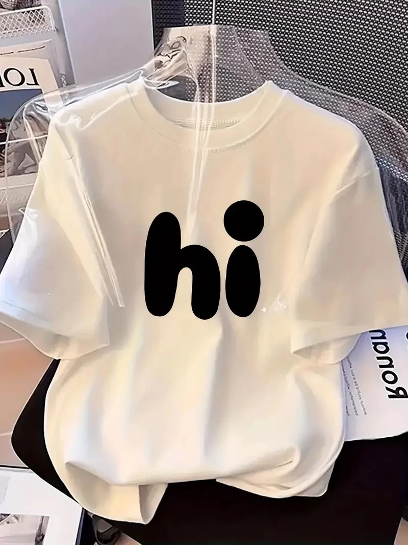 20/1 Penye Compack Baskılı Oversize Bisiklet Yaka Kısa Kol Yazlık T-shirt - Beyaz