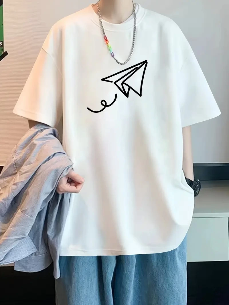 20/1 Penye Compack Uçak Baskılı Oversize Bisiklet Yaka Kısa Kol T-shirt - Beyaz