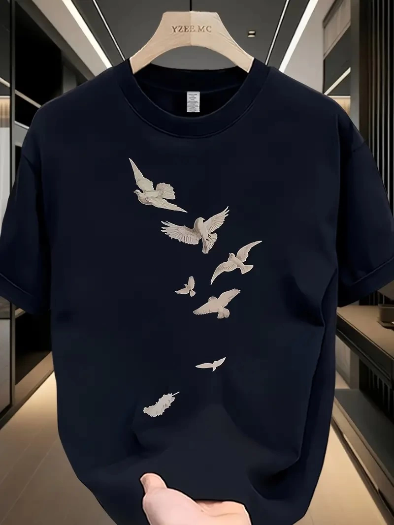 20/1 Penye Compack Özgür kuşlar Baskılı Baskılı Oversize Bisiklet Yaka T-shirt - Beyaz