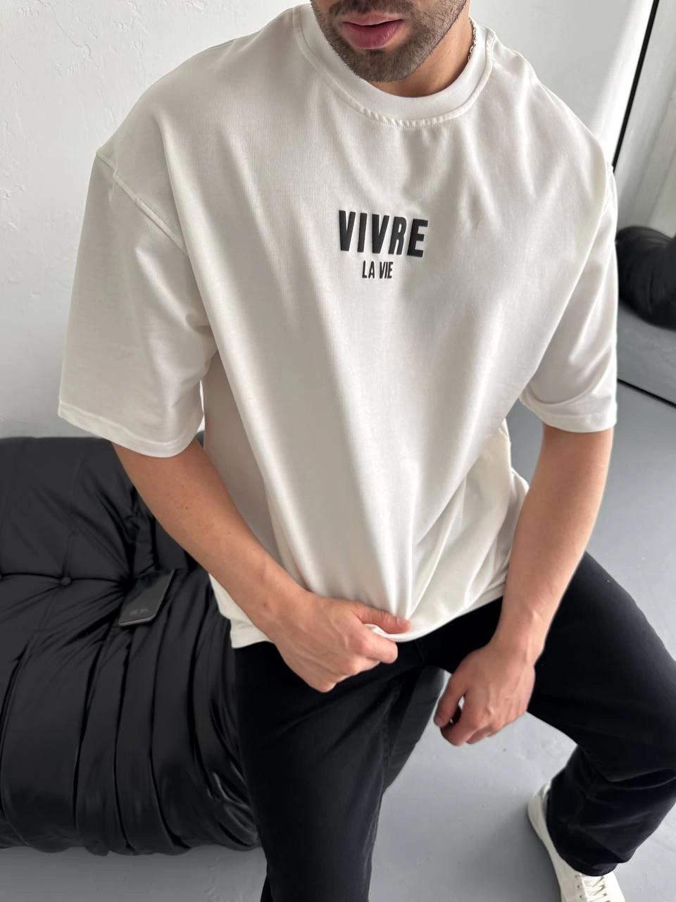 Baskılı Oversize Bisiklet Yaka T-shirt - Beyaz