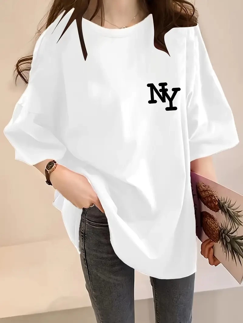 Kadın Eğlenceli Harf NY Baskılı Bisiklet Yaka Tişört - Rahat Polyester, Makinede Yıkanabilir - Yaz ve Fitness için Mükemmel, Yuvarlak Yaka- Beyaz