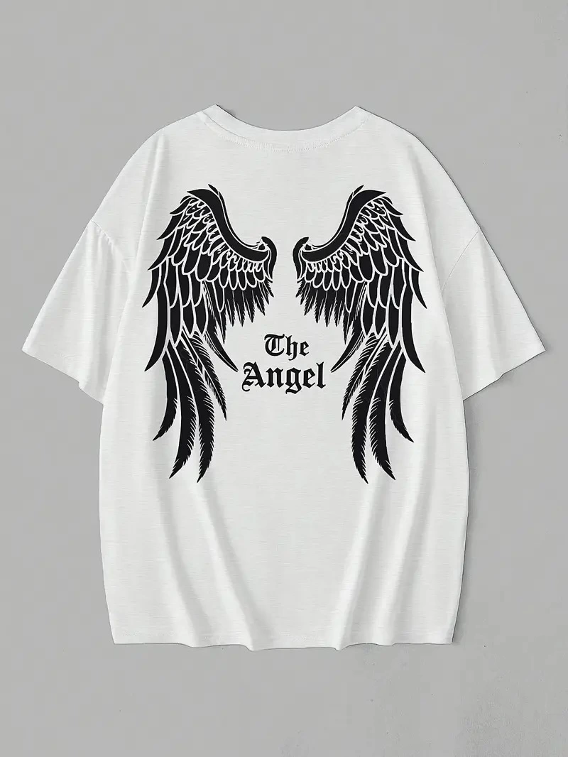 20/1 Penye Compack Dark Angel Baskılı Oversize Kısa Kol Yazlık T-shirt- Beyaz