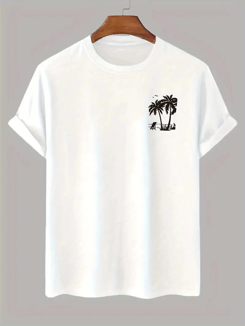 20/1 Penye Compack Palmiye Baskılı Oversize Bisiklet Yaka Kısa Kol T-shirt - Beyaz