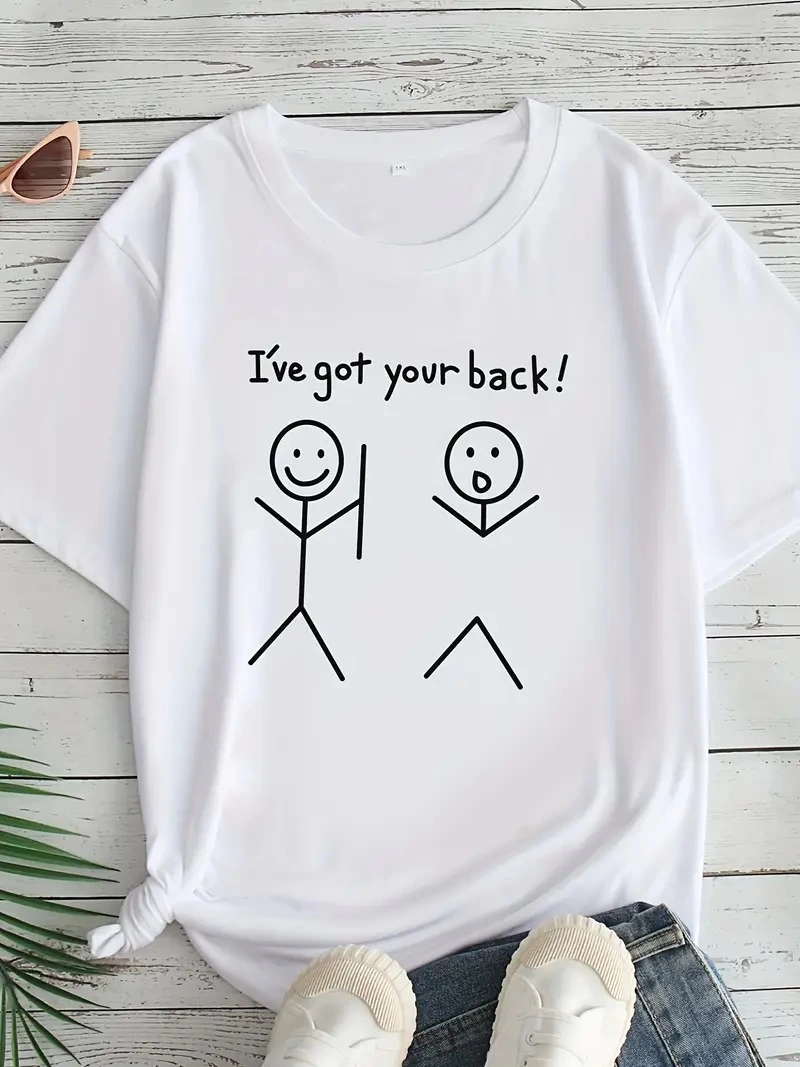 Kadın Beyaz "I've Got Your Back" Grafik Tişört - Eğlenceli Çubuk Tasarımlı Oversize Günlük Kısa Kollu Tişört, Polyester Örgü, Yuvarlak Yaka, İlkbahar ve Yaz için Mükemmel, Günlük Giyim Tişört | Eğlenceli Tasarım | Polyester Kumaş - Beyaz