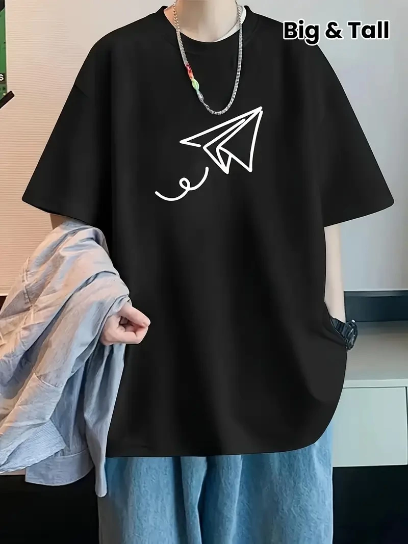 20/1 Penye Compack Uçak Baskılı Oversize Bisiklet Yaka Kısa Kol T-shirt - Siyah