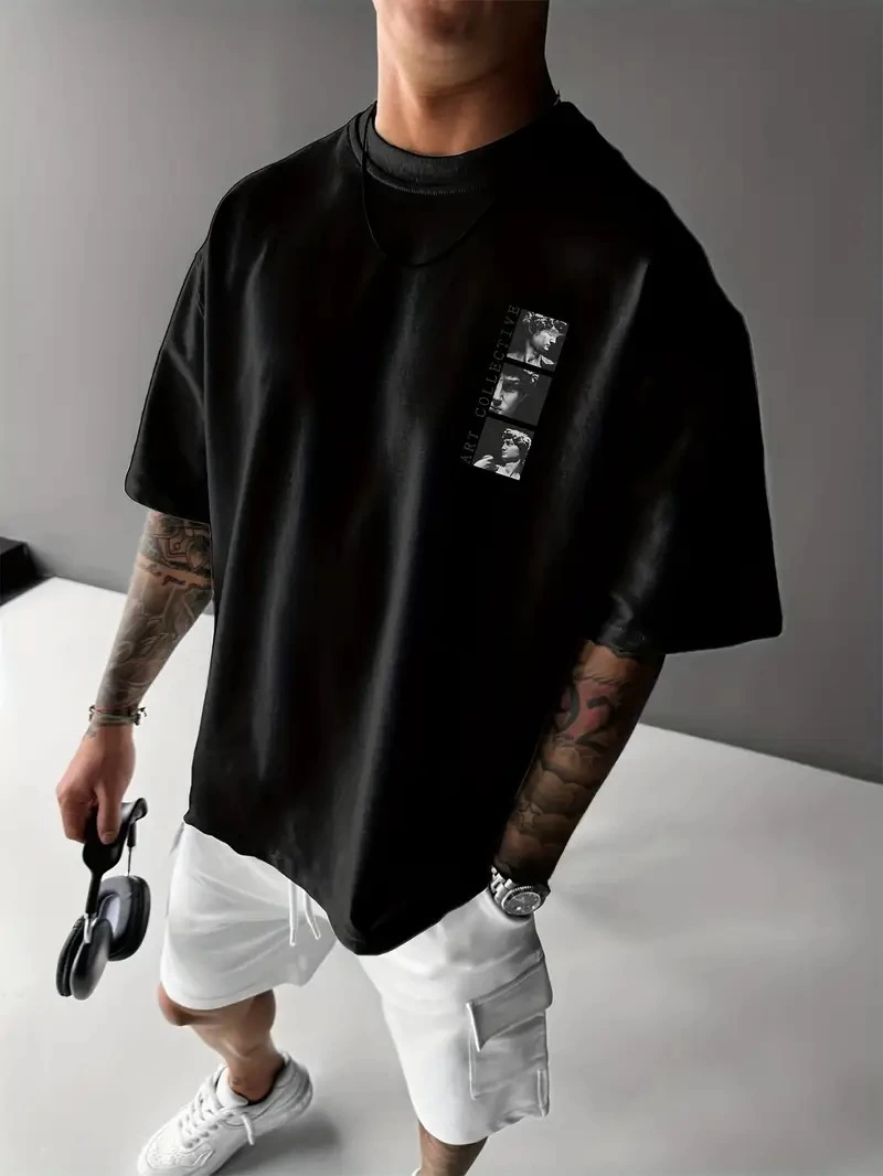 Benzersiz Sırt Baskılı Erkek Sokak Stili Bol Tişört - Nefes Alabilir Polyester, Makinede Yıkanabilir - Siyah