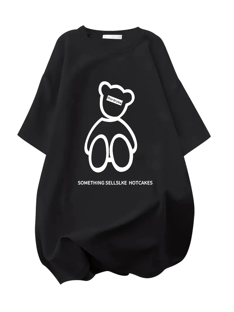 20/1 Penye Compack Ön Arka Baskılı Oversize Bisiklet Yaka T-shirt - Siyah