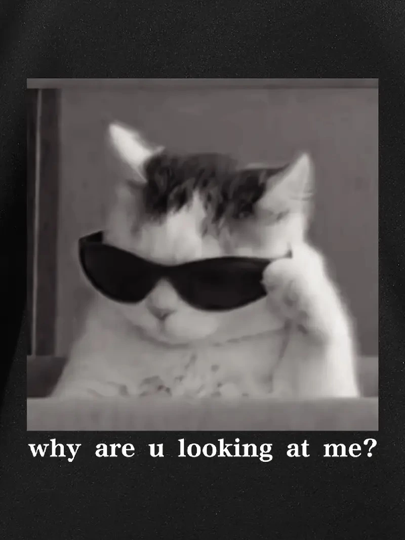 "Neden Bana Bakıyorsun?" Komik Kedi Grafik Tişört - Dijital Baskılı Siyah Bol Kesim Streetwear Tişört, Erkekler için Dört Mevsim Günlük Gömlek - Siyah