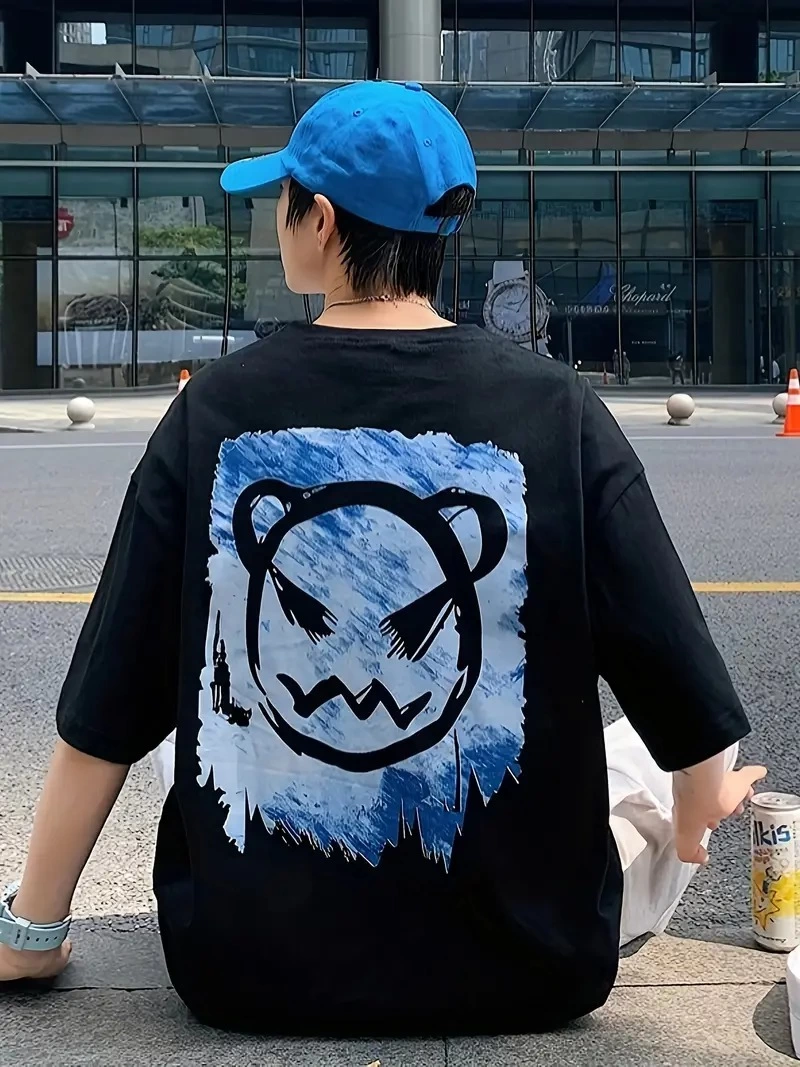 20/1 Penye Compack Bisiklet Yaka Kore tarzı sevimli ayı baskı Kısa Kol Erkek t-shirt - Siyah