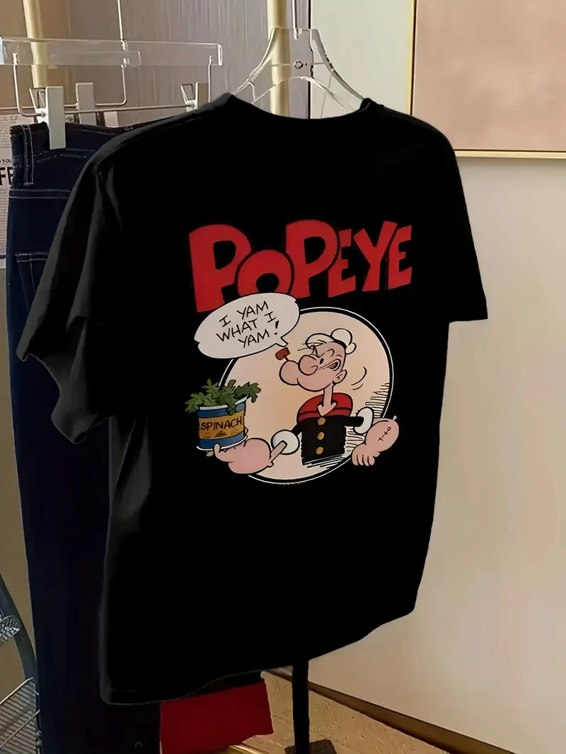 Erkek Oversize Tişörtü  Popeye the Sailor Retro Vintage Ispanak | Hediye olarak idealdir, farklı boyutları mevcuttur. - Siyah