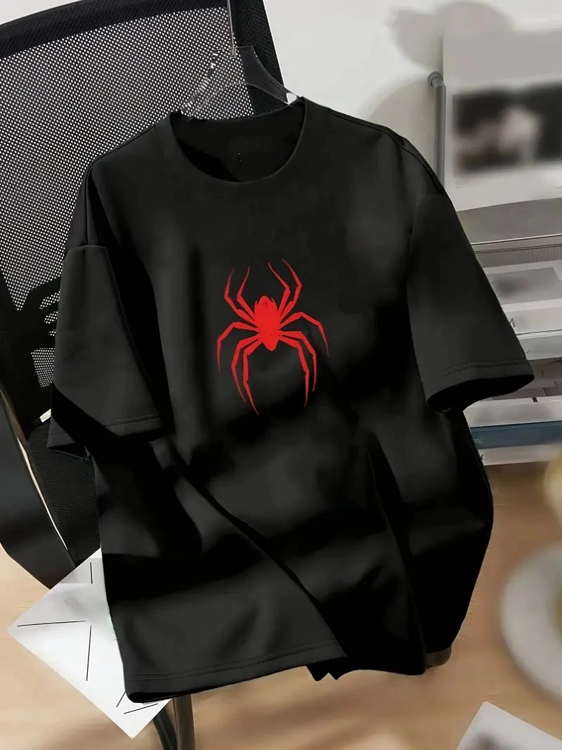 20/1 Penye Compack Spider Baskılı Oversize Unisex Kısa Kol Yazlık T-shirt - Siyah
