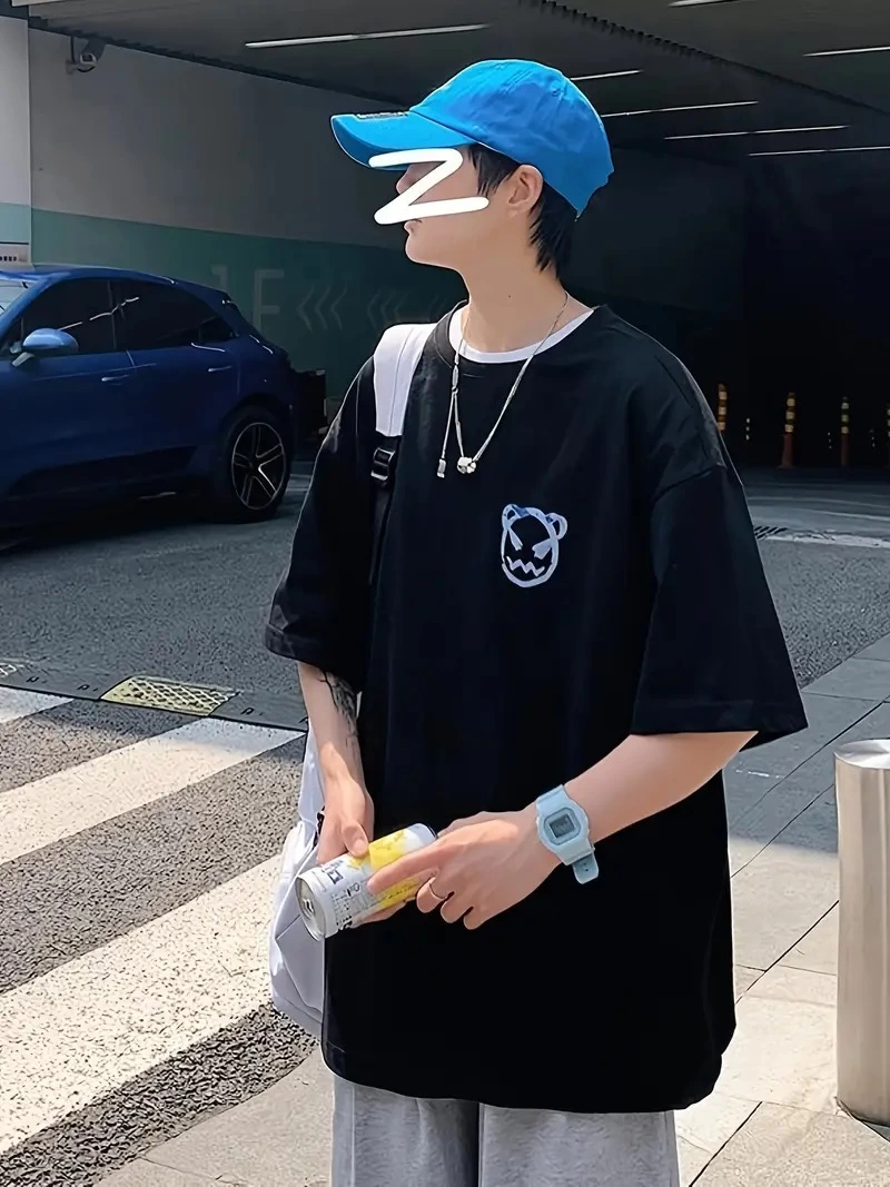 20/1 Penye Compack Bisiklet Yaka Kore tarzı sevimli ayı baskı Kısa Kol Erkek t-shirt - Siyah