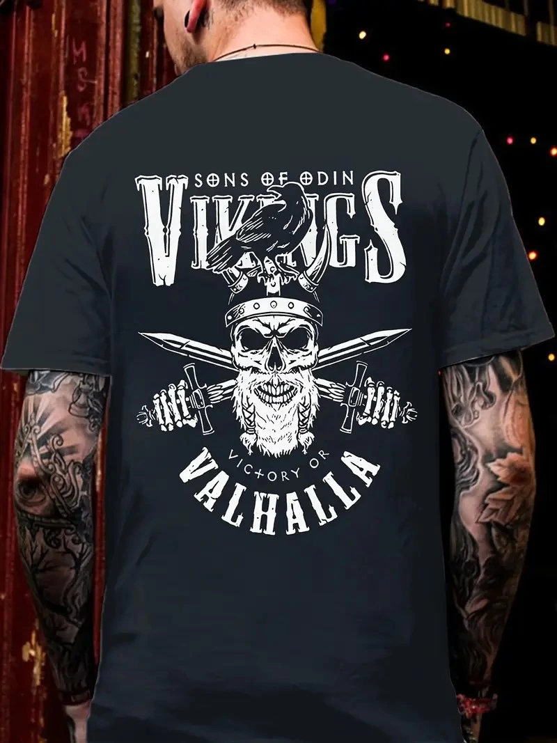 20/1 Penye Compack Vikings Valhalla Baskılı Oversize Bisiklet Yaka T-shirt - Siyah