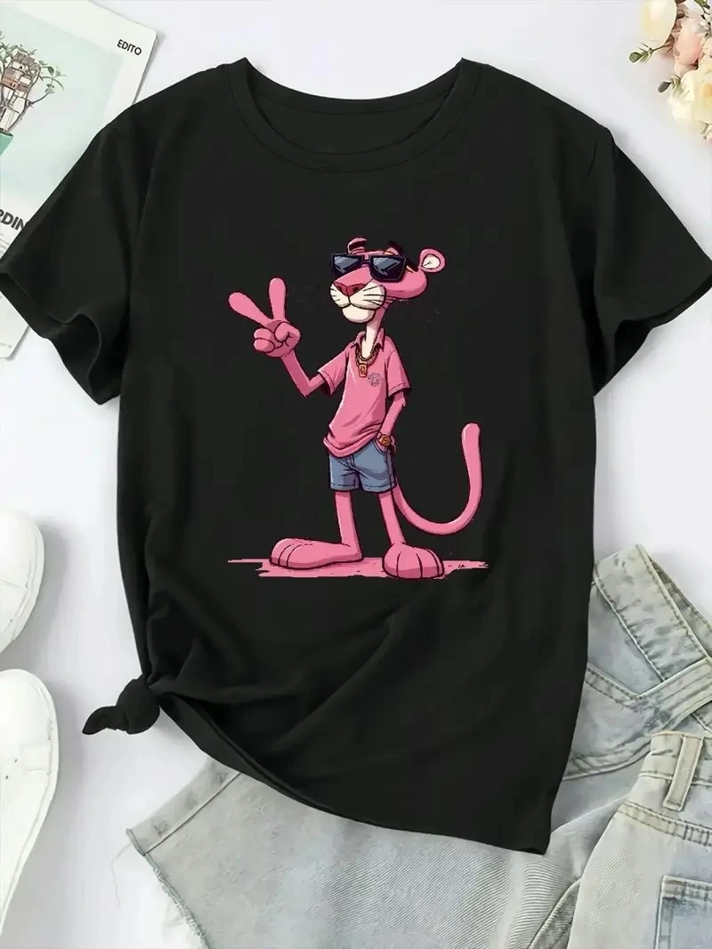 20/1 Penye Compack Pembe Panter Baskılı Oversize Bisiklet Yaka Kısa Kol Yazlık T-shirt - Beyaz