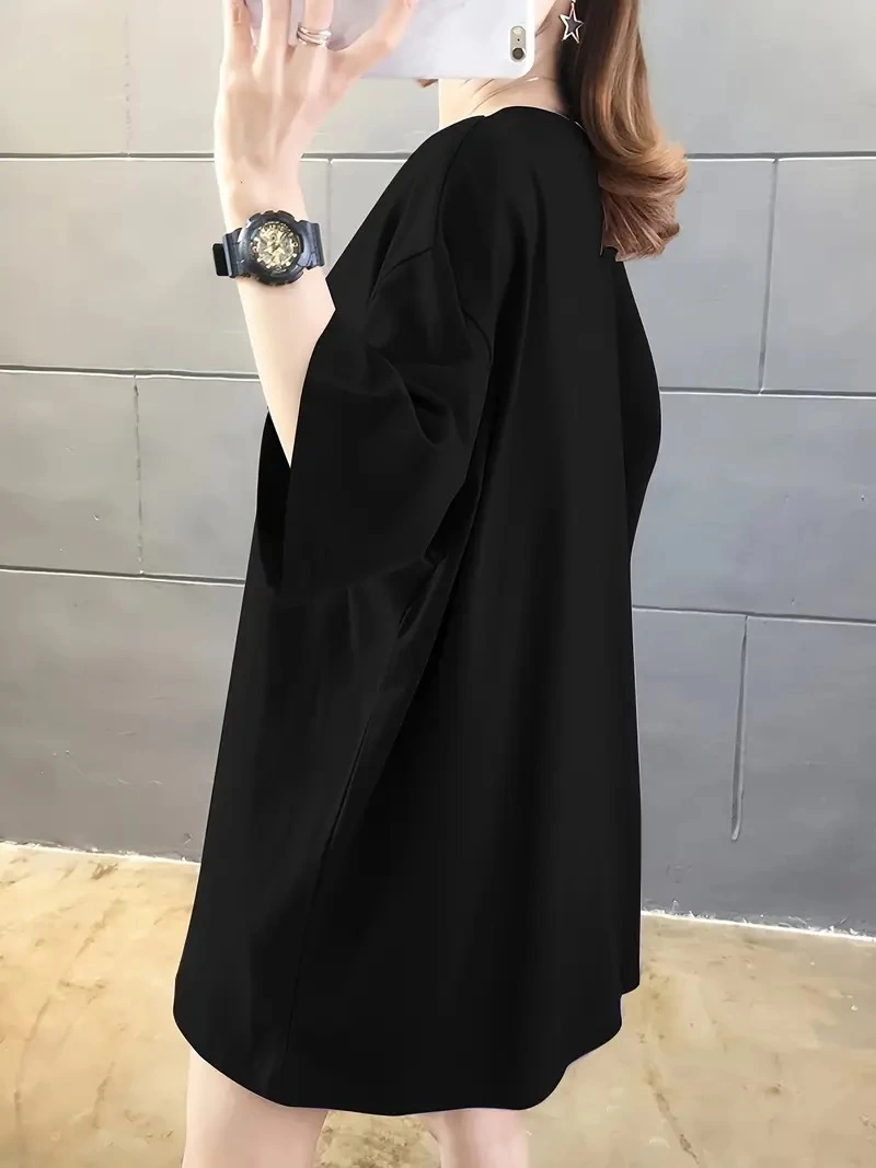 20/1 Penye Compack Ön Arka Baskılı Oversize Bisiklet Yaka T-shirt - Siyah