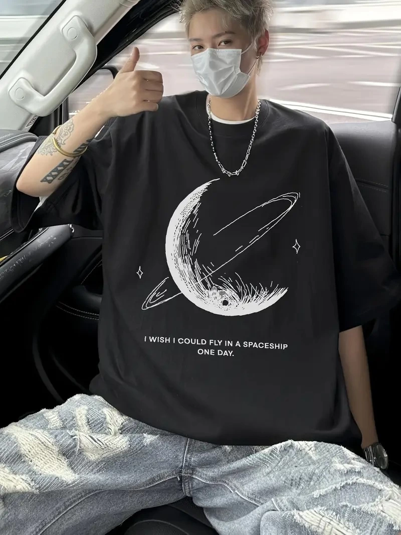 Erkekler için Siyah Tişört Grafik Genç Emo Vintage Gotik Rahat Büyük Beden Kısa Kollu Tişört Giysi Üst- Siyah