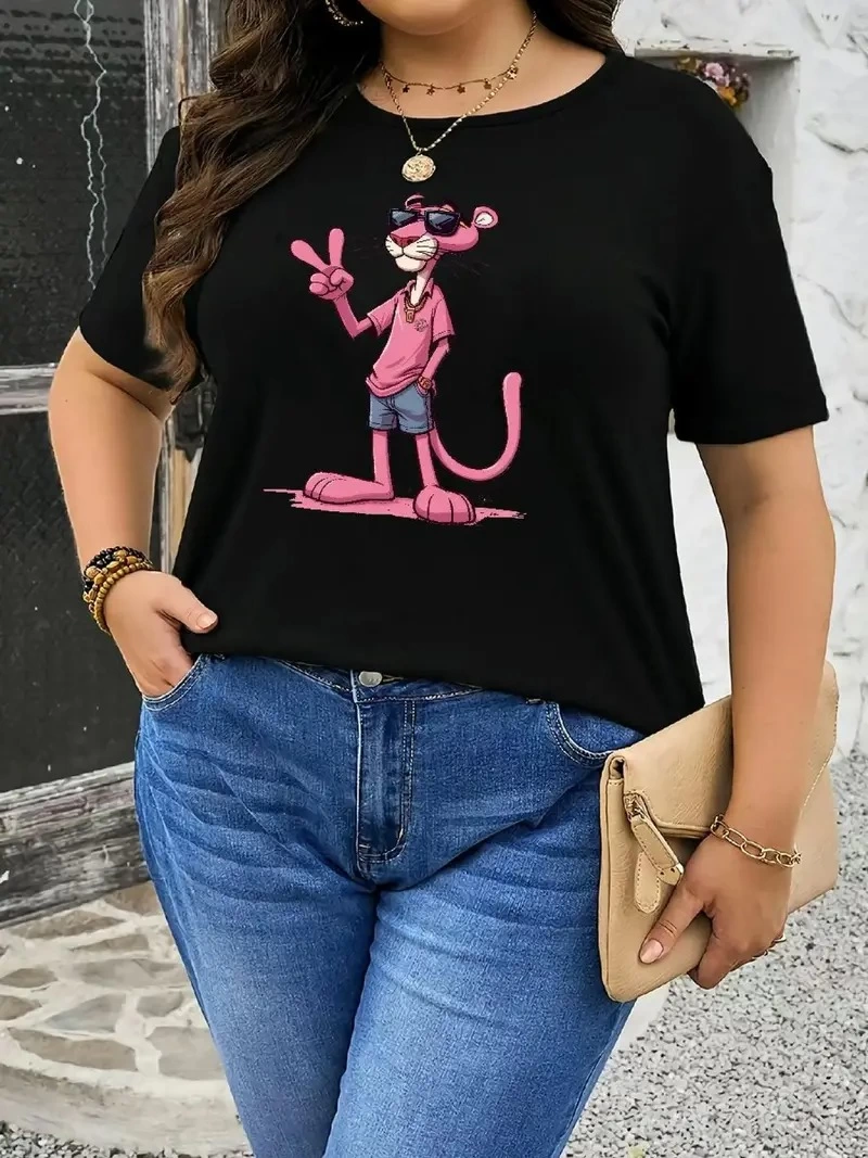 20/1 Penye Compack Pembe Panter Baskılı Oversize Bisiklet Yaka Kısa Kol Yazlık T-shirt - Beyaz