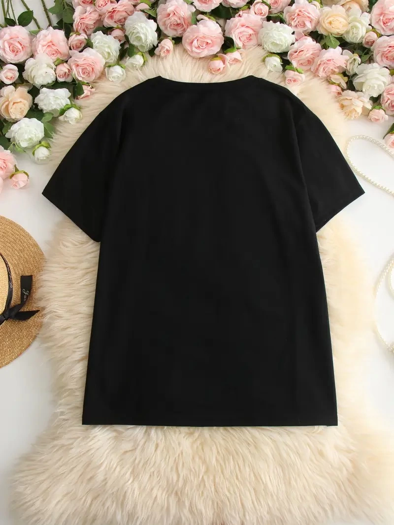 Kadın Beyaz "I've Got Your Back" Grafik Tişört - Eğlenceli Çubuk Tasarımlı Oversize Günlük Kısa Kollu Tişört, Polyester Örgü, Yuvarlak Yaka, İlkbahar ve Yaz için Mükemmel, Günlük Giyim Tişört | Eğlenceli Tasarım | Polyester Kumaş- Siyah