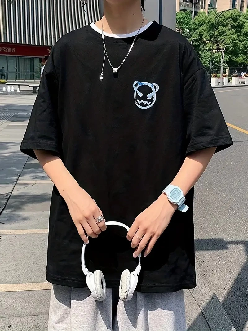 20/1 Penye Compack Bisiklet Yaka Kore tarzı sevimli ayı baskı Kısa Kol Erkek t-shirt - Siyah