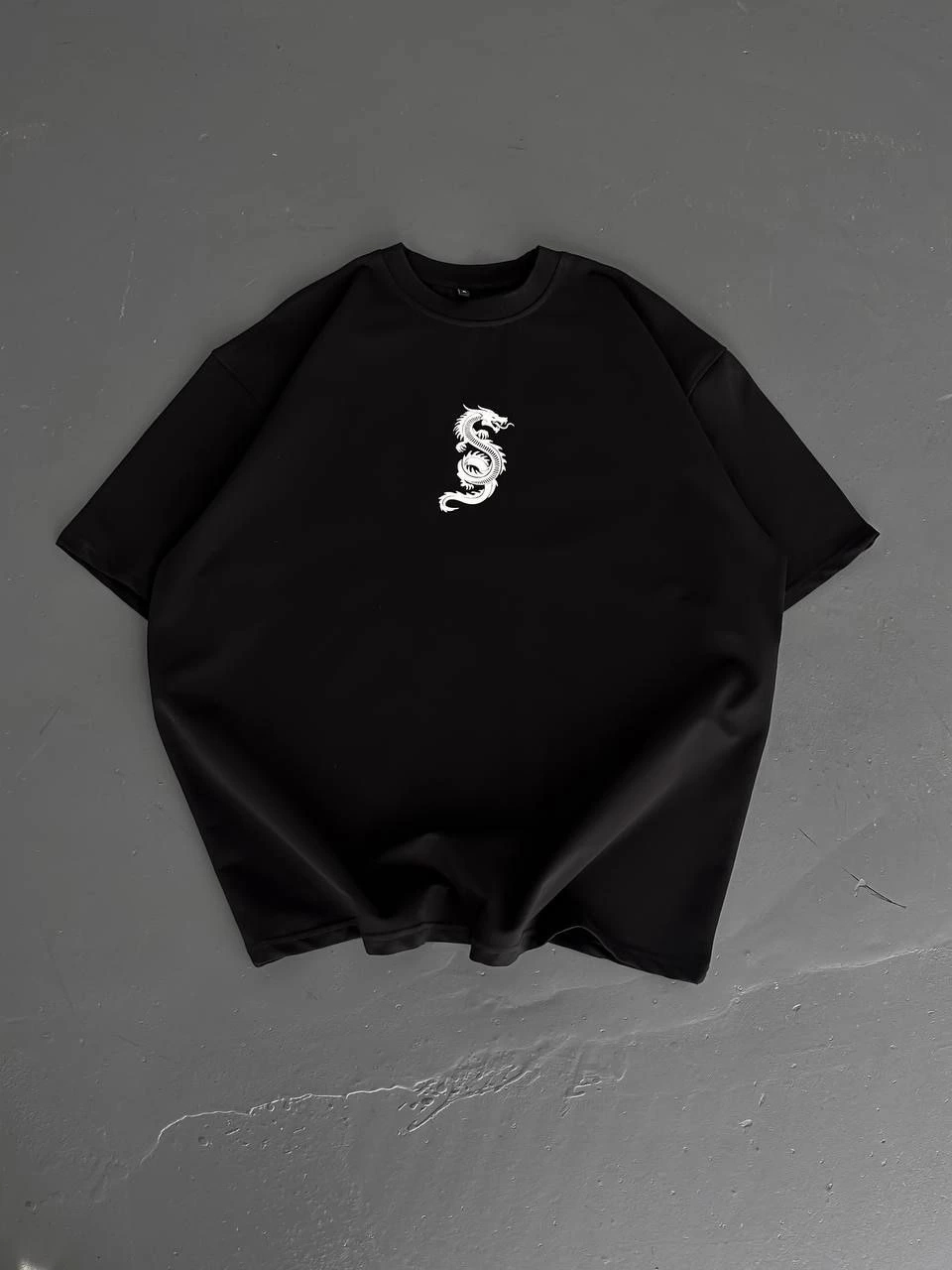 Baskılı Oversize Bisiklet Yaka T-shirt - Siyah