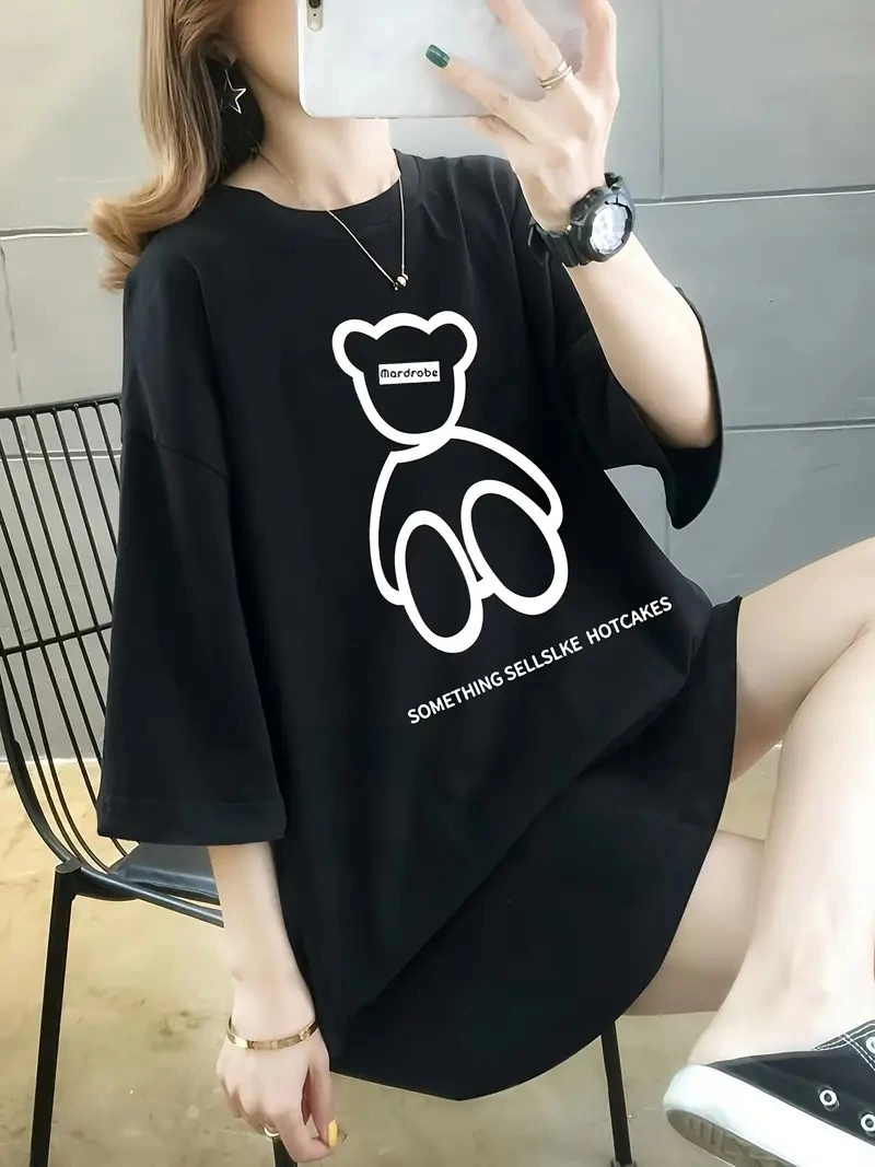 20/1 Penye Compack Ön Arka Baskılı Oversize Bisiklet Yaka T-shirt - Siyah