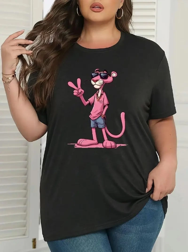 20/1 Penye Compack Pembe Panter Baskılı Oversize Bisiklet Yaka Kısa Kol Yazlık T-shirt - Beyaz