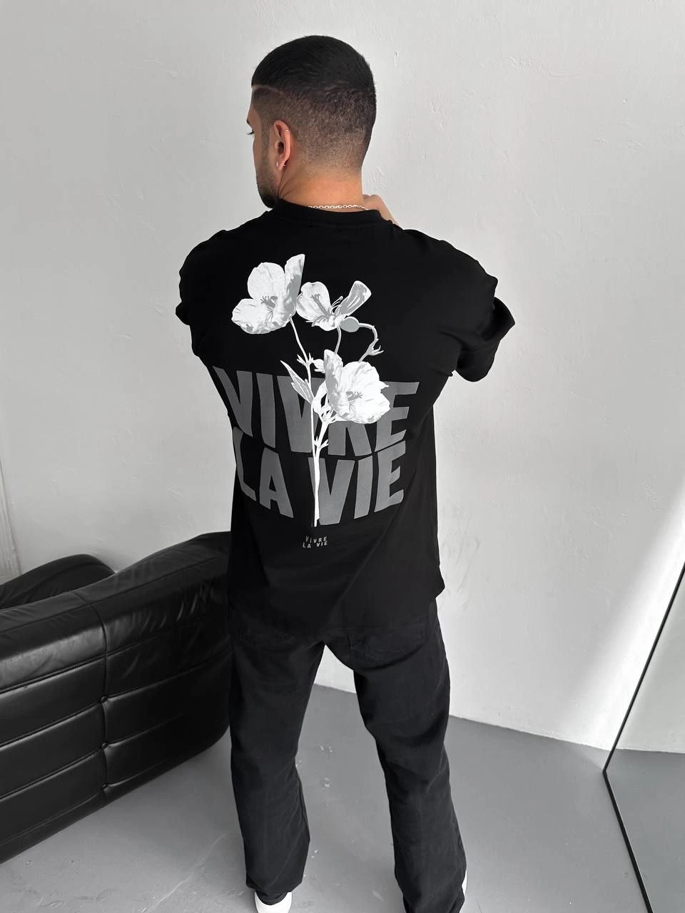 Baskılı Oversize Bisiklet Yaka T-shirt - Siyah