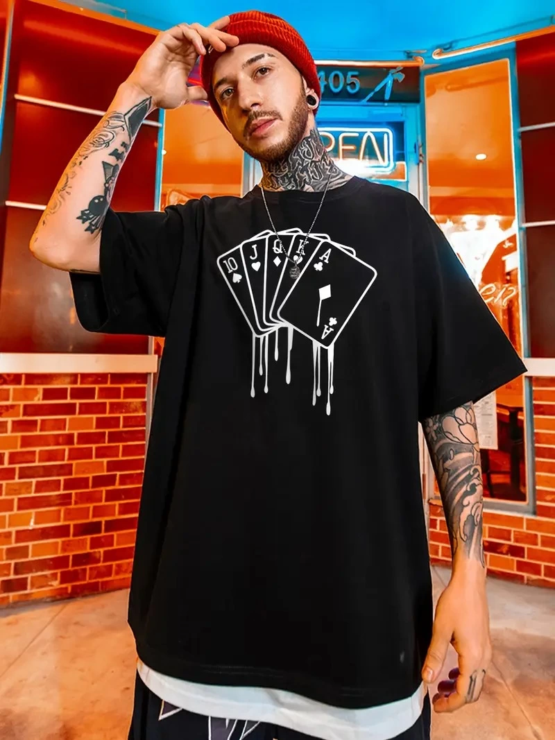 erkek büyük beden Kart baskılı düz renk kısa kollu bisiklet yaka tişört gündelik giyim - Siyah