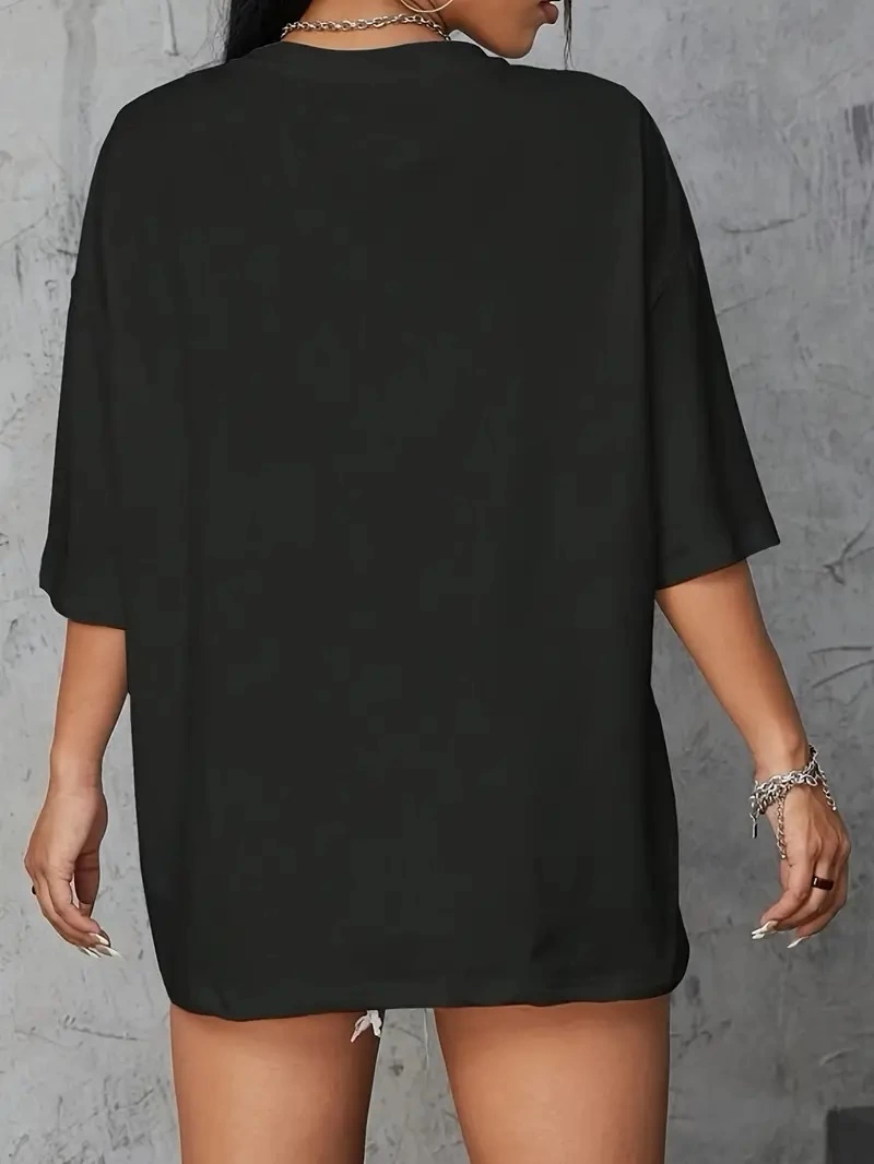 20/1 Penye Compack Baskılı Oversize Kahve Desenli Kadın Kısa Kol Yazlık T-shirt - Siyah