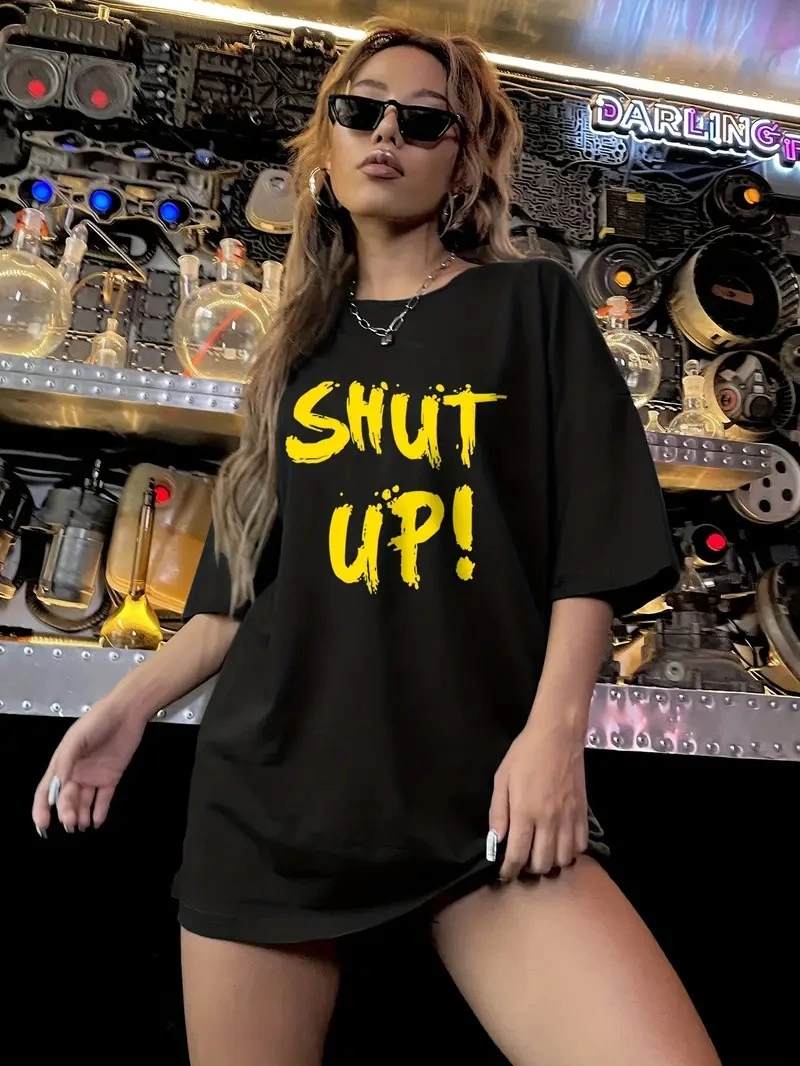 20/1 Penye Compack Shut up Baskılı Oversize Bisiklet Yaka Kısa Kol T-shirt - Siyah
