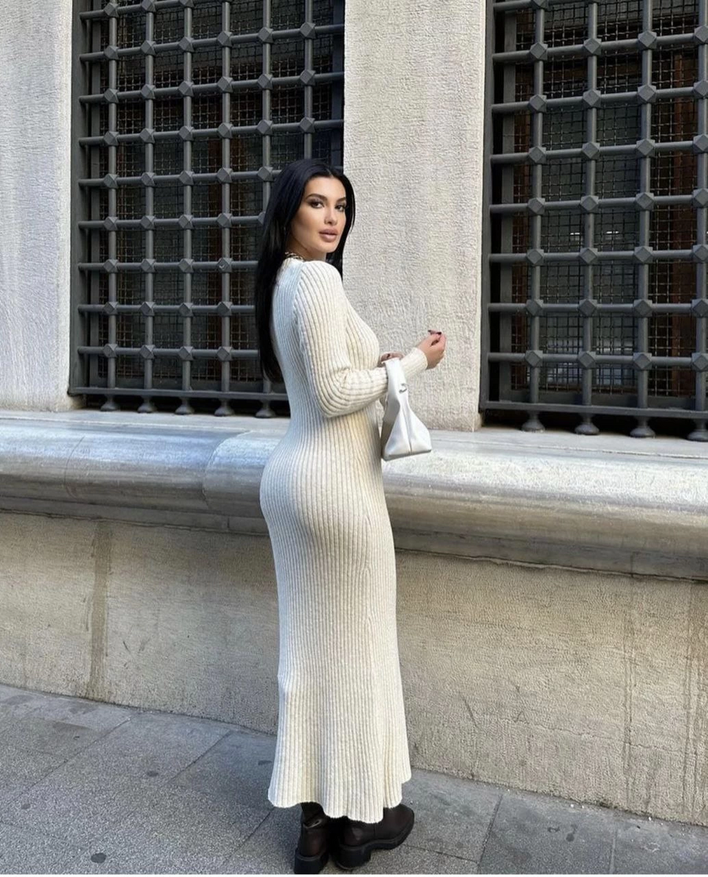 Bisiklet Yaka Fitilli Uzun Elbise - Beyaz