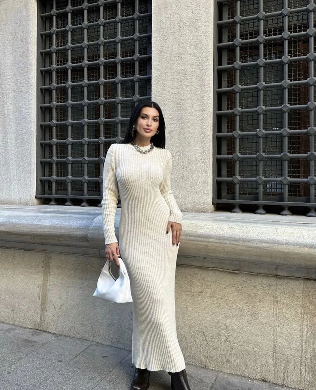 Bisiklet Yaka Fitilli Uzun Elbise - Beyaz