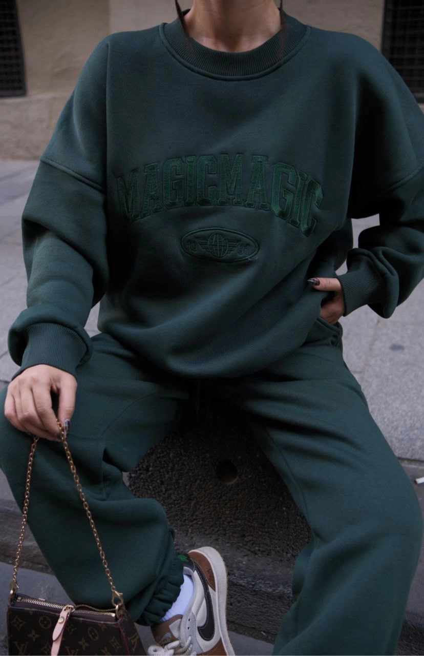 Bisiklet Yaka Nakış İşlemeli Üç İplik Sweat Takım - Yeşil