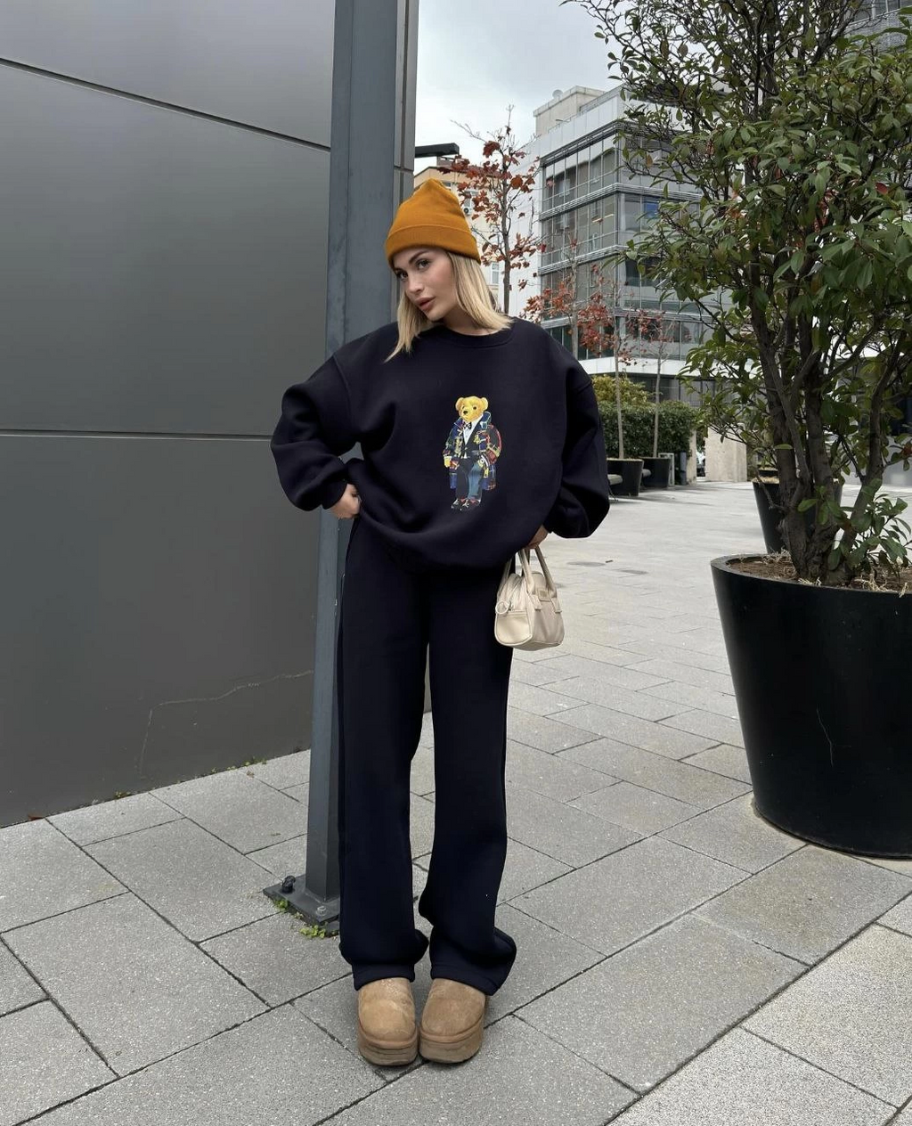 Bisiklet Yaka Üç İplik Sweat Takım - Siyah