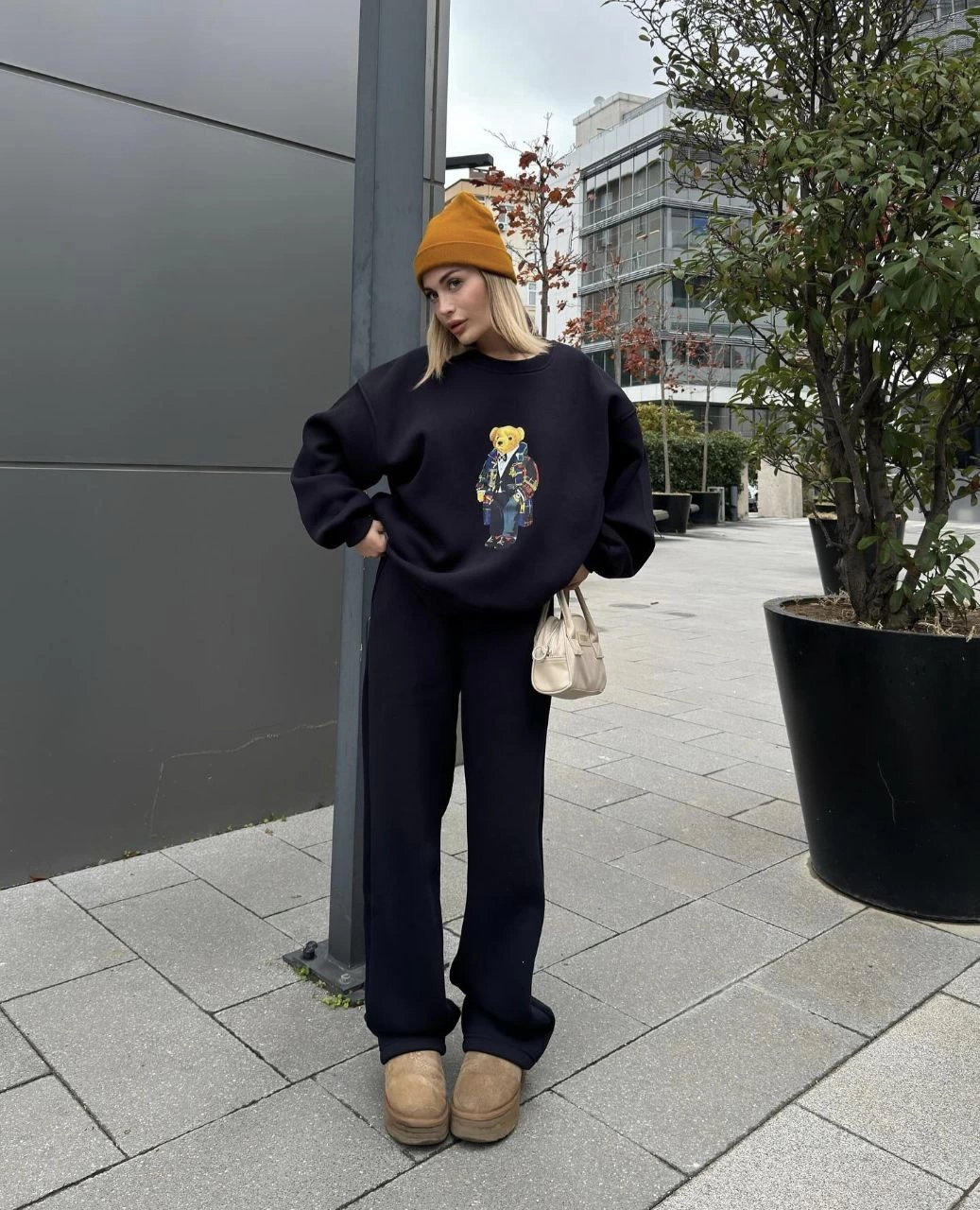 Bisiklet Yaka Üç İplik Sweat Takım - Siyah