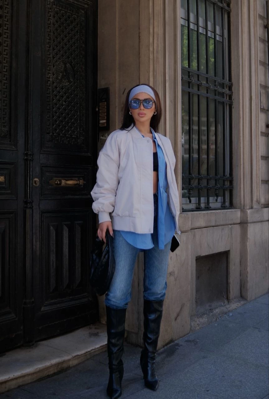 Cepli Bomber Ceket Mont - Beyaz