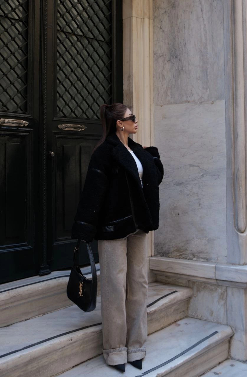 Cıt Cıt Detaylı Peluş Mont Ceket - Siyah