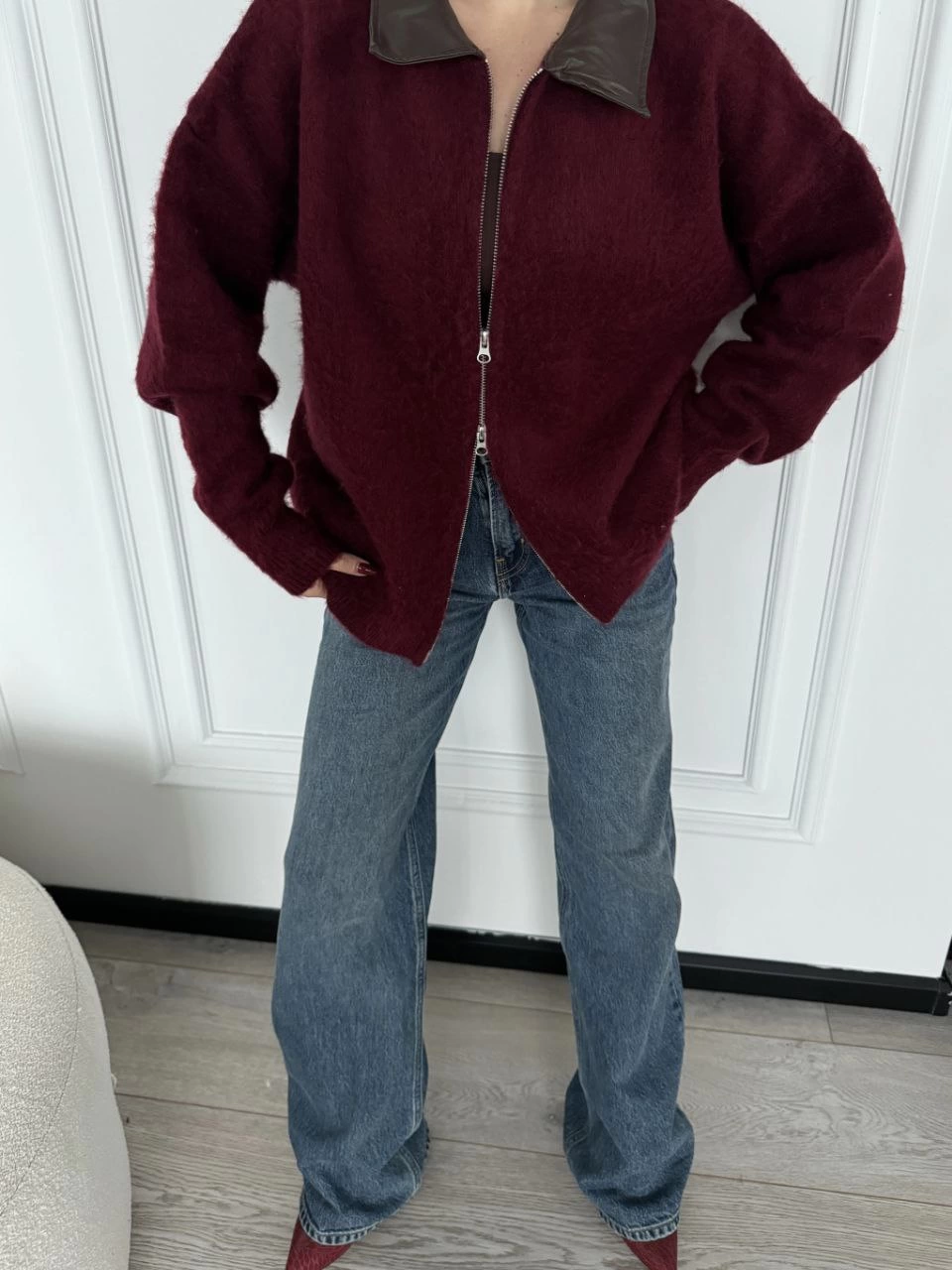 Deri Yakalı Pamuk dokulu Çift Taraflı Çalışan Fermuar Ceket - Bordo