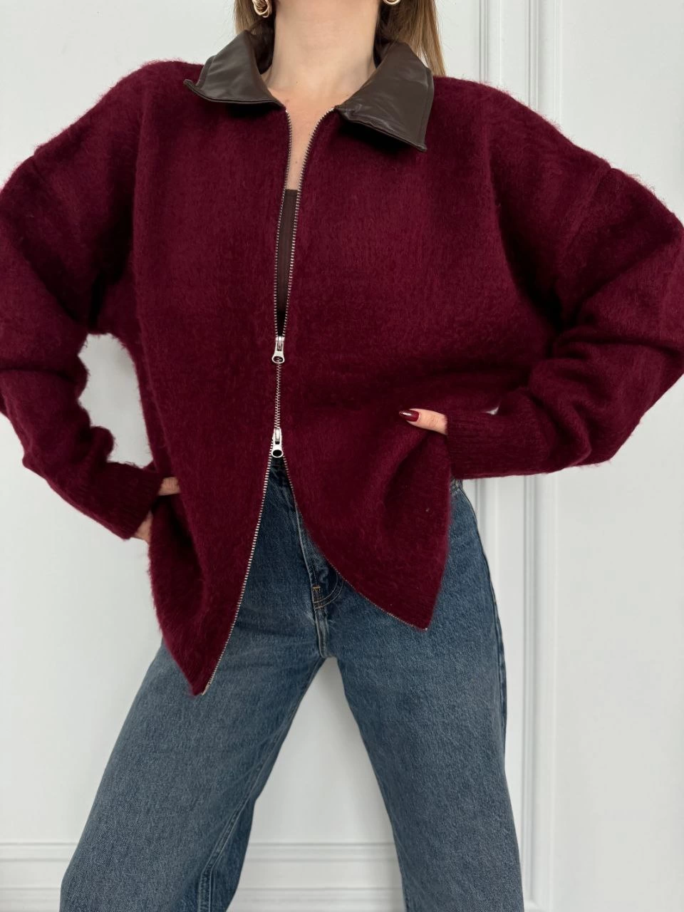 Deri Yakalı Pamuk dokulu Çift Taraflı Çalışan Fermuar Ceket - Bordo
